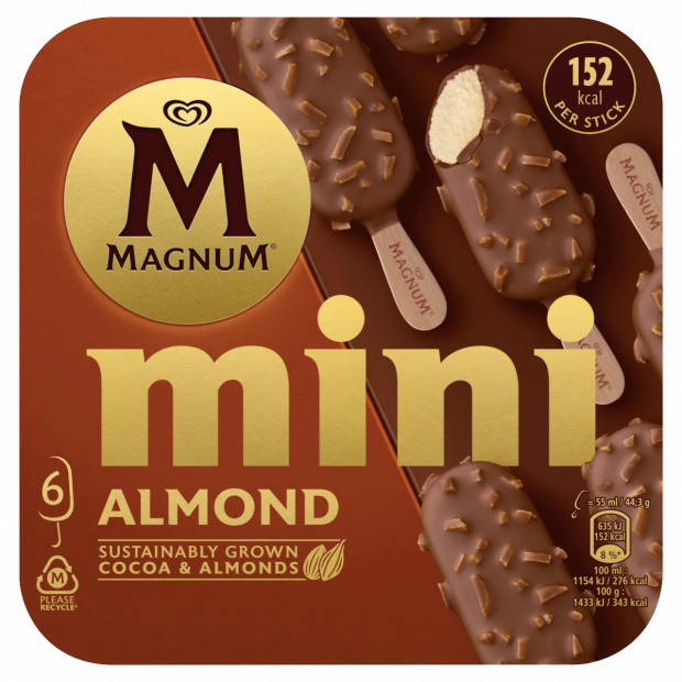 Magnum Mini vaníliás jégkrém tejcsokoládé bevonattal és mandula darabkákkal 6 x 55 ml (330 ml)