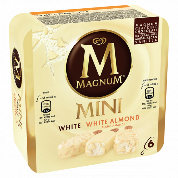 Magnum Mini Multipack Fehércsokoládés és Fehércsokoládés-mandulás jégkrém 6 x 55 ml Magnum Mini Multipack Fehércsokoládés és Fehércsokoládés-mandulás jégkrém 6 x 55 ml