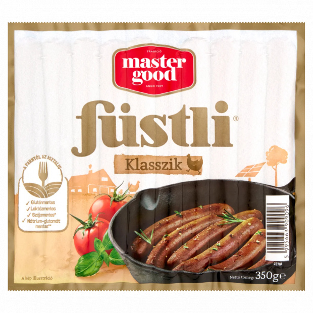 Master Good Füstli Klasszik füst ízesítésű virsli csirkehúsból 350 g Master Good Füstli Klasszik füst ízesítésű virsli csirkehúsból 350 g