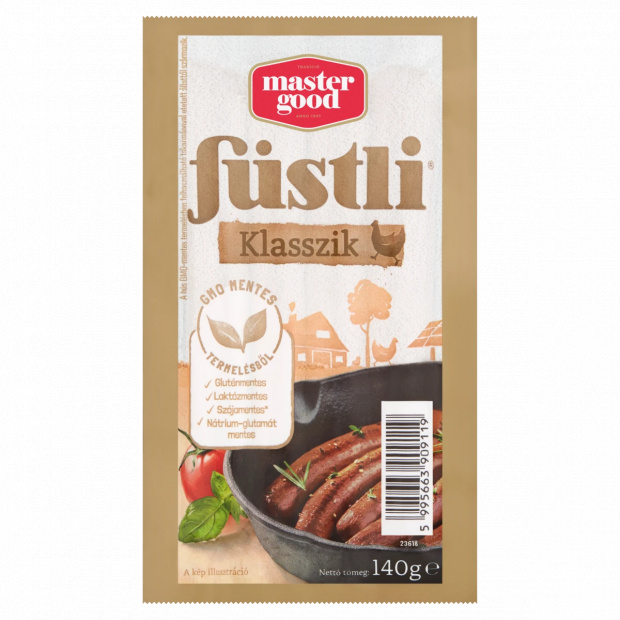 Master Good Füstli Klasszik füst ízesítésű virsli csirkehúsból 140 g Master Good Füstli Klasszik füst ízesítésű virsli csirkehúsból 140 g
