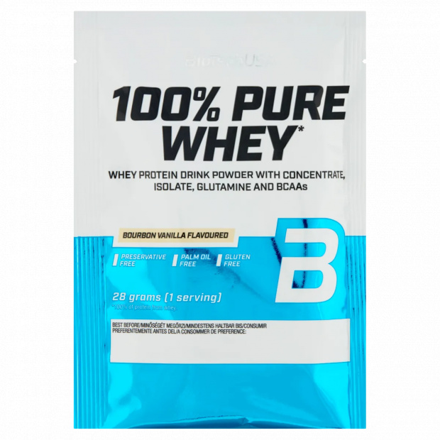 BioTechUSA 100% Pure Whey bourbon vanília ízű fehérje italpor cukrokkal és édesítőszerekkel 28 g