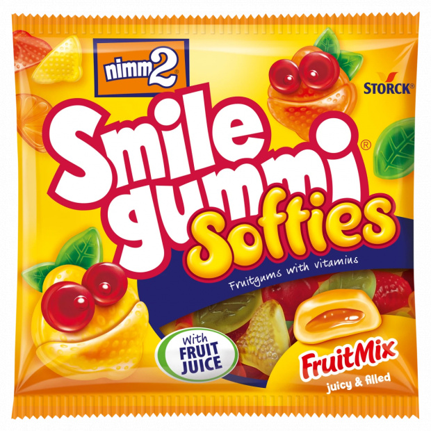 nimm2 Smilegummi Softies puha vegyes gyümölcs ízű töltött gumicukorka vitaminokkal 90 g 