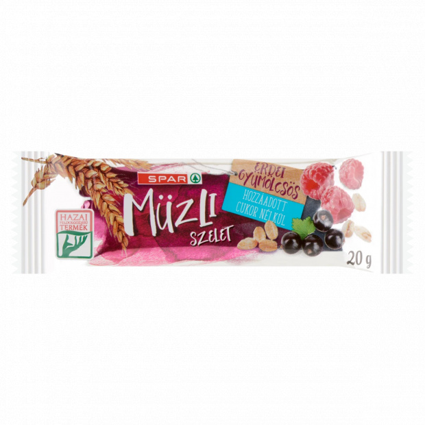 SPAR erdei gyümölcsös müzliszelet hozzáadott cukor nélkül, édesítőszerrel 20 g SPAR erdei gyümölcsös müzliszelet hozzáadott cukor nélkül, édesítőszerrel 20 g