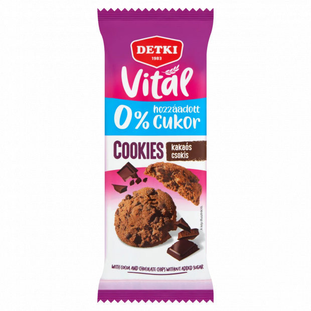 Detki Vital kakaós omlós keksz csokoládé darabokkal, édesítőszerekkel cukor hozzáadása nélkül 130 g Detki Vital kakaós omlós keksz csokoládé darabokkal, édesítőszerekkel cukor hozzáadása nélkül 130 g
