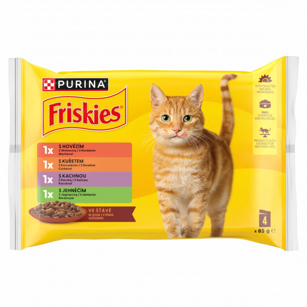 Purina Friskies szószban csirkével/marhával/báránnyal/kacsával nedves macskaeledel 4 x 85 g