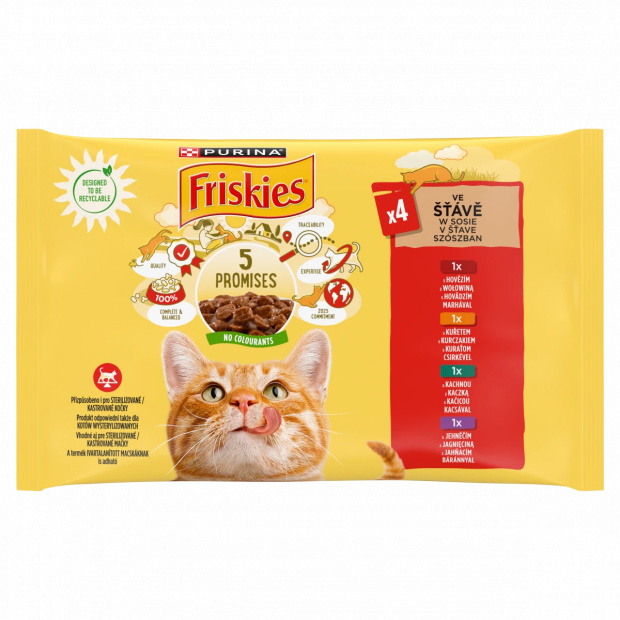 Purina Friskies szószban csirkével/marhával/báránnyal/kacsával nedves macskaeledel 4 x 85 g