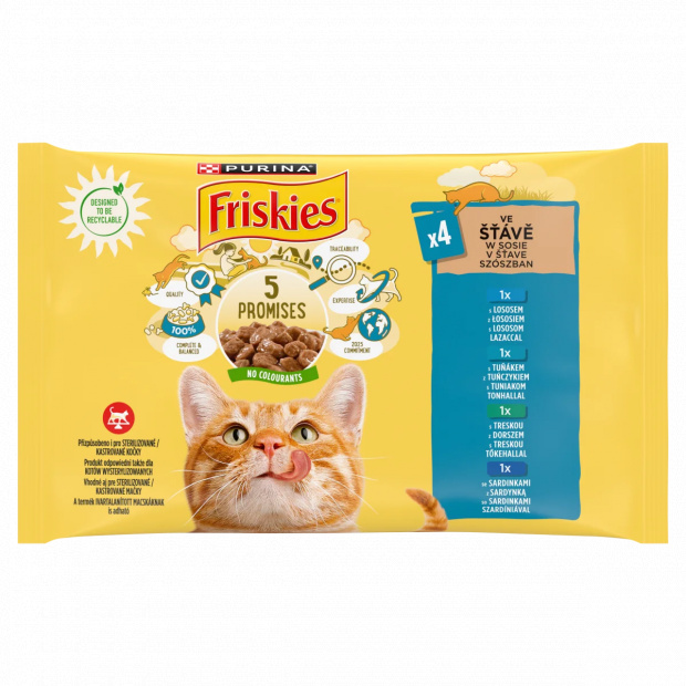Purina Friskies szószban lazaccal/tonhallal/szardíniával/tőkehallal nedves macskaeledel 4 x 85 g