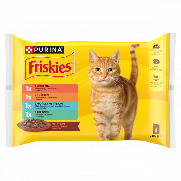 Purina Friskies szószban marhával/csirkével/tengeri hallal/tőkehallal nedves macskaeledel 4 x 85 g