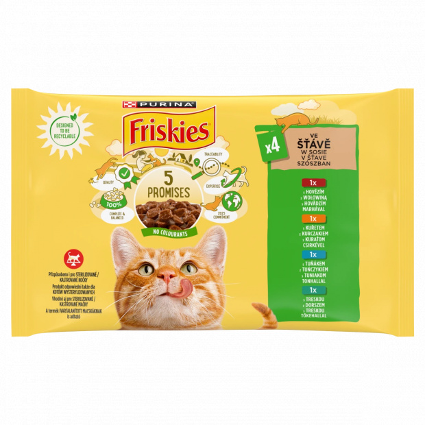 Purina Friskies szószban marhával/csirkével/tonhallal/tőkehallal nedves macskaeledel 4 x 85 g
