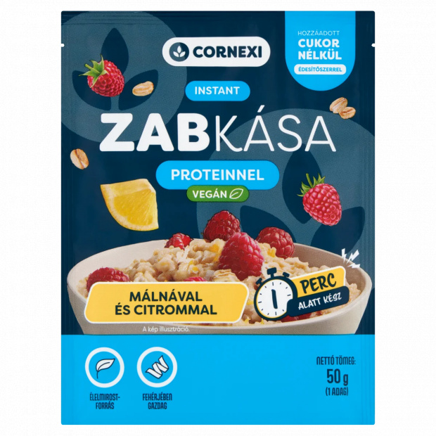 Cornexi málnás-citromos instant zabkása proteinnel, hozzáadott cukor nélkül, édesítőszerrel 50 g