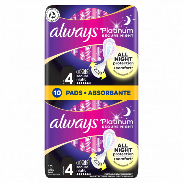 Always Platinum Secure Night (4-Es Méret) Szárnyas Egészségügyi Betét, 10 db