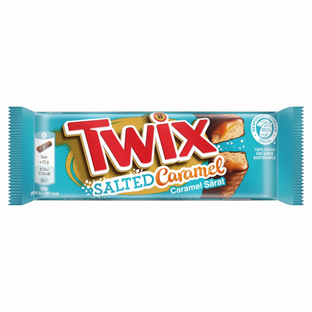 Twix Salted Caramel kekszes szeletek karamellával, tejcsokoládéba mártva 2 x 23 g (46 g) Twix Salted Caramel kekszes szeletek karamellával, tejcsokoládéba mártva 2 x 23 g (46 g)