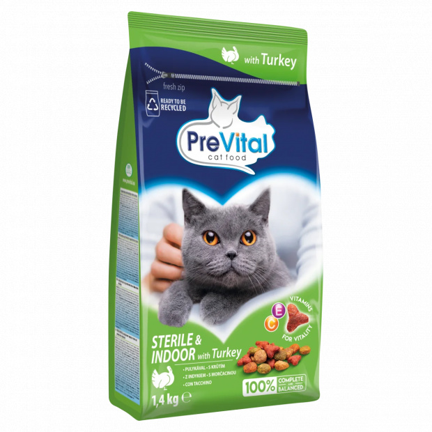 PreVital teljes értékű állateledel ivartalanított és lakásban tartott macskáknak pulykával 1,4 kg