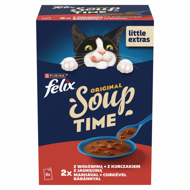 Purina Felix Soup Time állateledel felnőtt macskáknak marhával csirkével báránnyal 6 x 48 g (288 g)