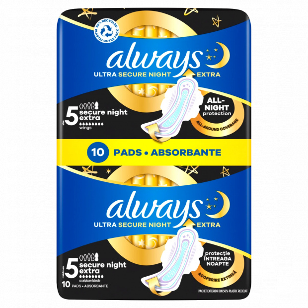 Always Ultra Secure Night Extra (5-ös Méretű) Szárnyas Betét Egészségügyi Betét, 10 Db