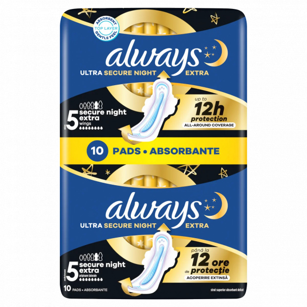 Always Ultra Secure Night Extra Egészségügyi Betét (5-ös Méret) Szárnyas Betét x 10]