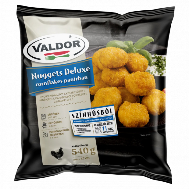 Valdor Nuggets Deluxe gyorsfagyasztott, készre sütött csirkemellfilé cornflakes panírban 540 g Valdor Nuggets Deluxe gyorsfagyasztott, készre sütött csirkemellfilé cornflakes panírban 540 g