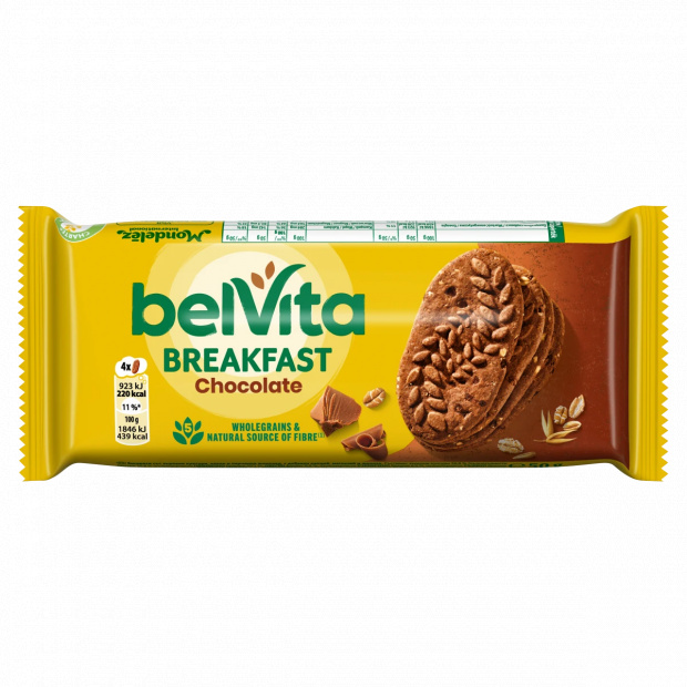 Belvita JóReggelt! kakaós, gabonás, omlós keksz csokoládédarabokkal 50 g Belvita JóReggelt! kakaós, gabonás, omlós keksz csokoládédarabokkal 50 g