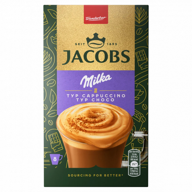 Jacobs Milka csokoládéízű azonnal oldódó kávé- és kakaóitalpor 8 x 15,8 g (126,4 g)