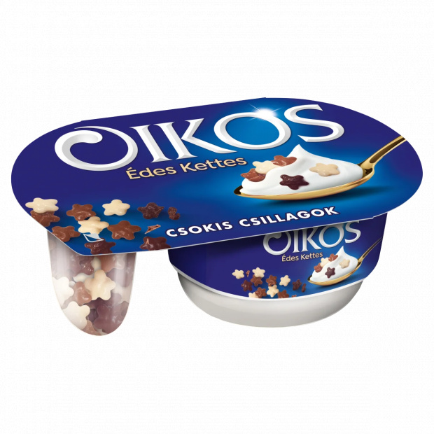Danone Oikos Édes Kettes édesített joghurt vaníliaízű, csokoládéval bevont gabonacsillagokkal 102 g