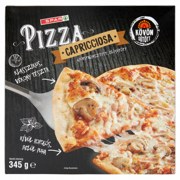 SPAR Capricciosa gyorsfagyasztott, elősütött pizza mozzarella sajttal, gombákkal, sonkával 345 g