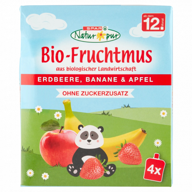 SPAR Natur*pur bio gyümölcspép eperből, banánból és almából 12 hónapos kortól 4 x 90 g (360 g)