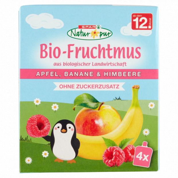 SPAR Natur*pur bio gyümölcspép almából, banánból és málnából 12 hónapos kortól 4 x 90 g (360 g)