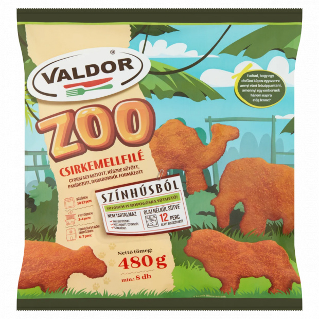Valdor Zoo gyorsfagyasztott, készre sütött, panírozott, darabokból formázott csirkemellfilé 480 g