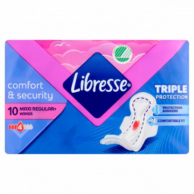 Libresse Comfort & Security Maxi Regular+ anatómiailag formázott, vastag egészségügyi betét 10 db Libresse Comfort & Security Maxi Regular+ anatómiailag formázott, vastag egészségügyi betét 10 db