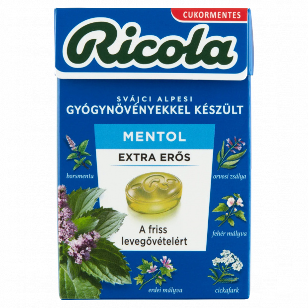 Ricola Mentol extra erős cukormentes svájci gyógynövény cukorkák édesítőszerekkel 40 g Ricola Mentol extra erős cukormentes svájci gyógynövény cukorkák édesítőszerekkel 40 g