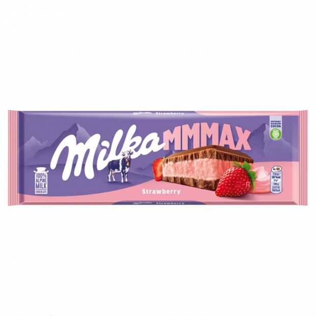 Milka Mmmax alpesi tej felhasználásával készült tejcsokoládé eperízű töltelékkel 300 g
