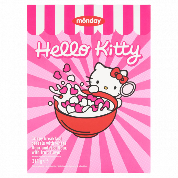 Monday Hello Kitty ropogós gyümölcsízű reggeli gabonapelyhek, búzaliszttel és rizsliszttel 311 g