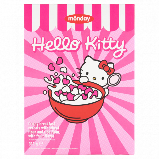 Monday Hello Kitty ropogós gyümölcsízű reggeli gabonapelyhek, búzaliszttel és rizsliszttel 311 g
