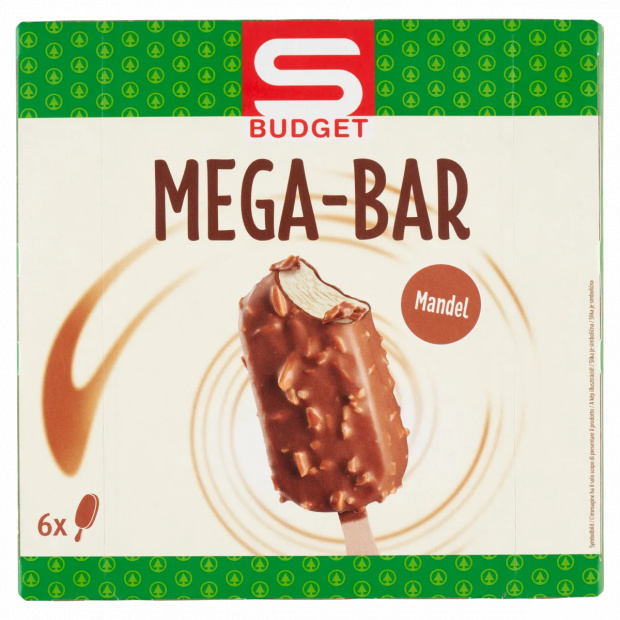 S-Budget Mega-Bar vanília ízű jégkrém tejcsokoládéval bevonva, pörkölt manduladarabokkal 6 db 720 ml