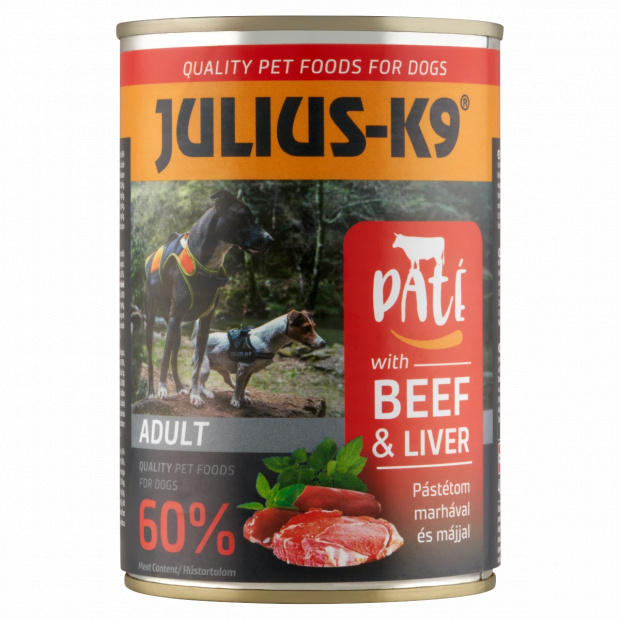 Julius-K9 teljesértékű eledel felnőtt kutyák számára pástétom marhával és májjal 400 g