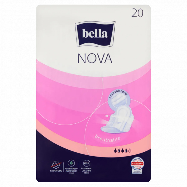 Bella Nova légáteresztő, szárnyakkal rögzíthető egészségügyi betét szálfátyol fedőréteggel 20 db