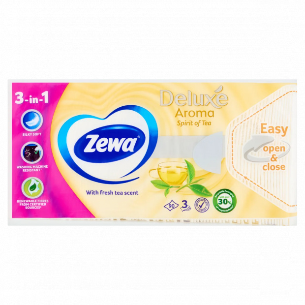 Zewa Deluxe Spirit of Tea illatosított papír zsebkendő 3 rétegű 90 db Zewa Deluxe Spirit of Tea illatosított papír zsebkendő 3 rétegű 90 db