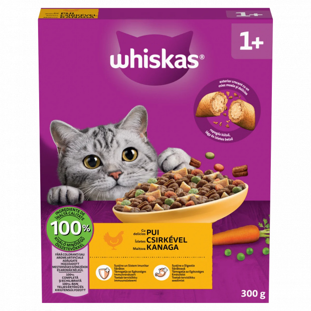 Whiskas 1+ teljes értékű szárazeledel felnőtt macskák számára csirkével 300 g