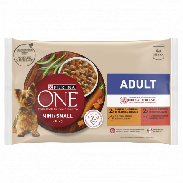 Purina One Mini teljes értékű állateledel mini és kistestű felnőtt kutyák számára 4 x 85 g (340 g)