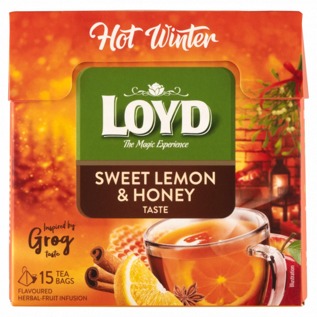Loyd Hot Winter édes citrom + méz (Grog) ízesítésű gyümölcs-gyógynövénytea keverék 15 filter 45 g