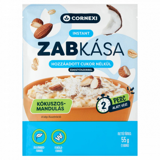 Cornexi kókuszos-mandulás instant zabkása chia maggal, hozzáadott cukor nélkül édesítőszerrel 55 g