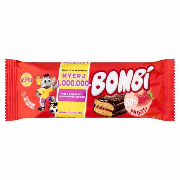 Bombi kakaós bevonómasszába mártott puszedli vegyes gyümölcsös-epres töltelékkel 50 g Bombi kakaós bevonómasszába mártott puszedli vegyes gyümölcsös-epres töltelékkel 50 g