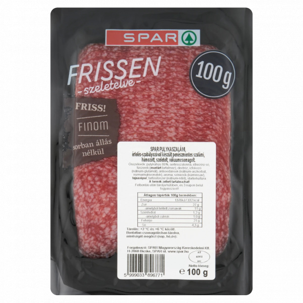 SPAR Frissen Szeletelve szeletelt pulyka szalámi 100 g SPAR Frissen Szeletelve szeletelt pulyka szalámi 100 g