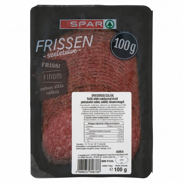 SPAR Frissen Szeletelve szeletelt borsos szalámi 100 g SPAR Frissen Szeletelve szeletelt borsos szalámi 100 g