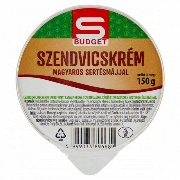 S-Budget szendvicskrém magyaros sertésmájjal 150 g