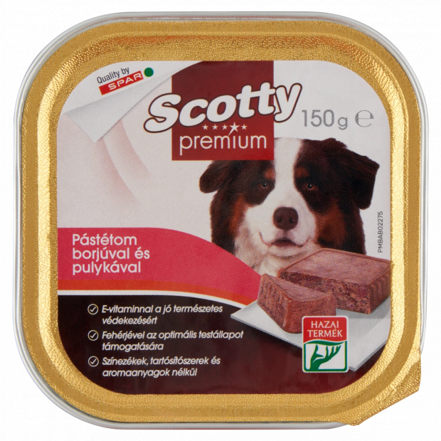 Scotty Premium pástétom teljes értékű állateledel felnőtt kutyák számára borjúval és pulykával 150 g