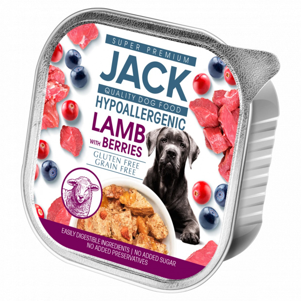 Jack Super Premium hipoallergén pástétom teljes értékű eledel báránnyal, bogyós gyümölcsökkel 150 g