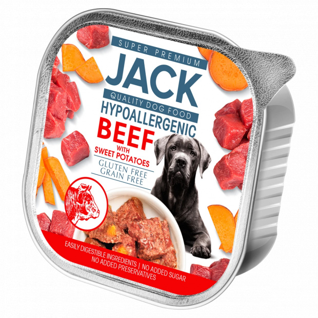 Jack Super Premium hipoallergén pástétom teljes értékű eledel marhahússal és édesburgonyával 150 g 