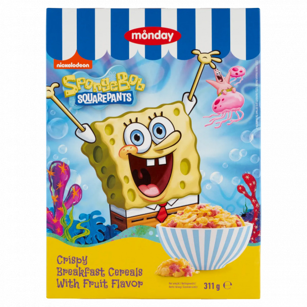 Monday Spongyabob ropogós, gyümölcsös ízű kukoricapehely és Csillag alakú gabonapehely 311 g