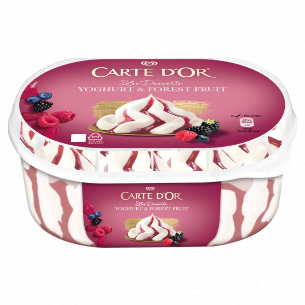 Carte D\'Or joghurtos jégkrém erdei gyümölcsös szósszal és cukrozott erdei gyümölcs darabokkal 825 ml